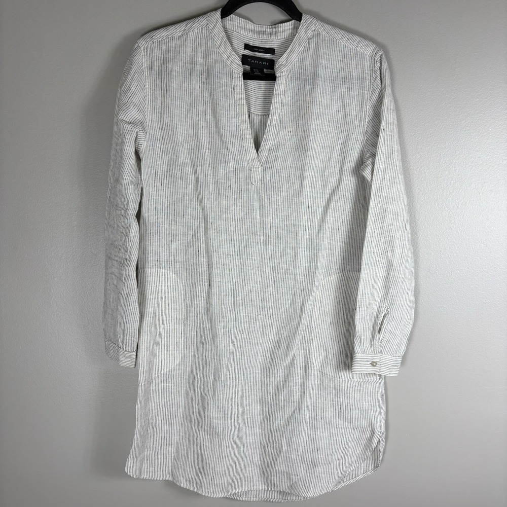 Tahari Women's XS White Black Striped 100% Linen V Neck Pullover Tunic‎ Top